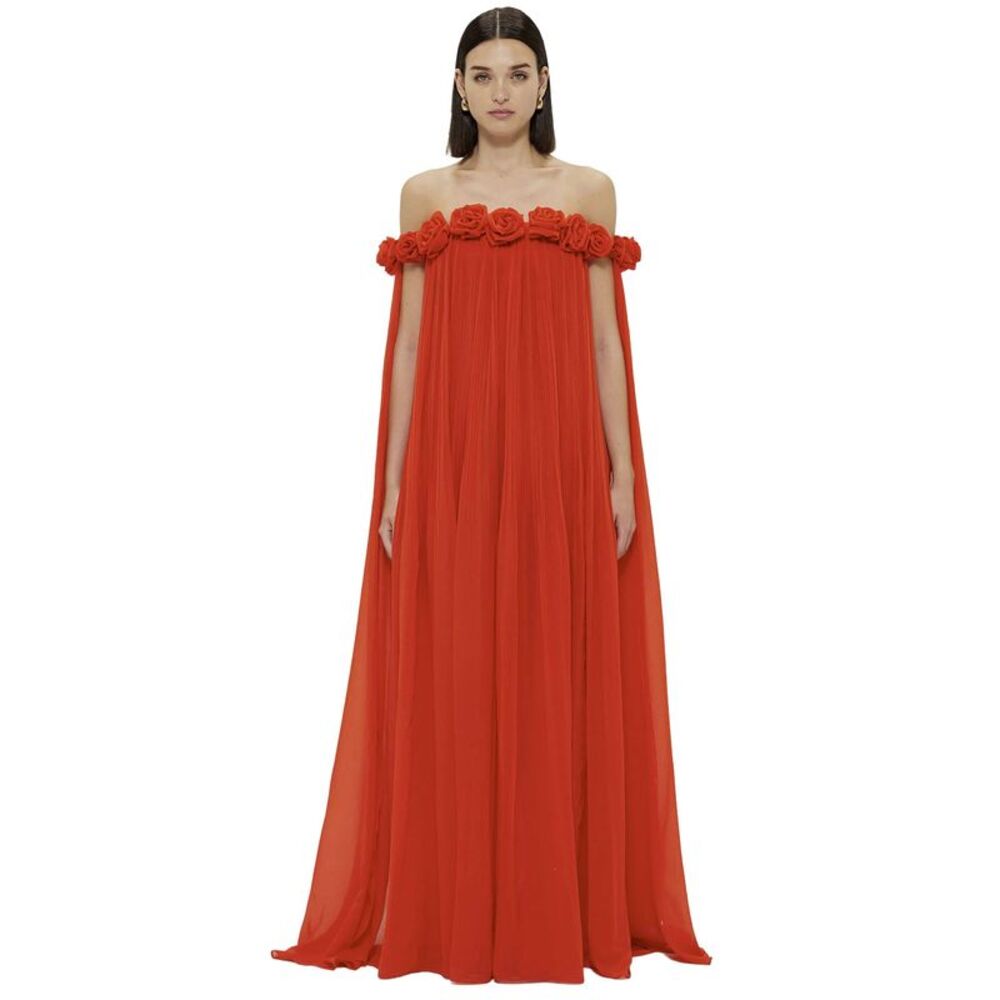 Leo Lin Womens Camilla Rosette-Detailed Plissé Gown 10 Scarlet - NWT